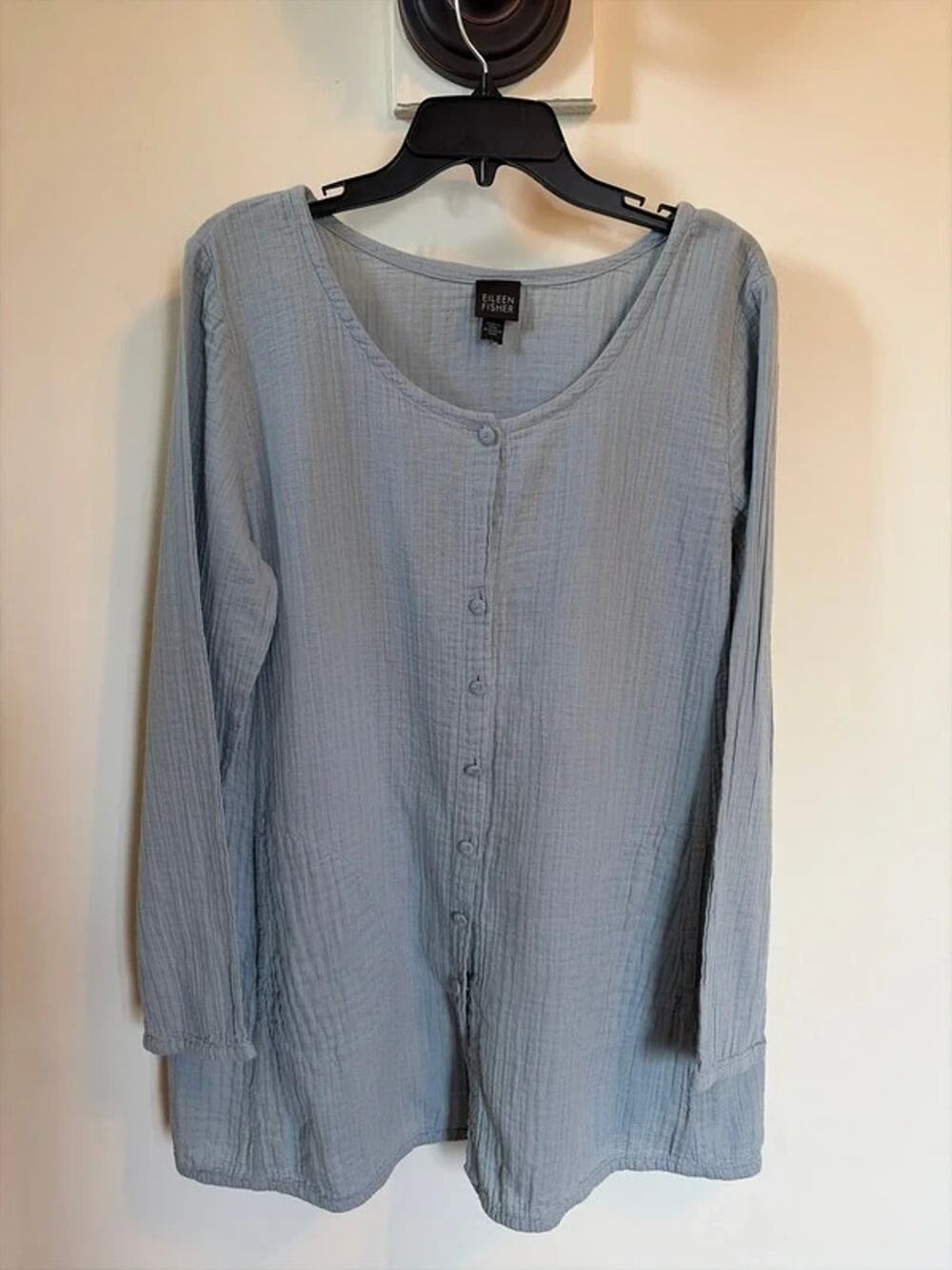 Eileen Fisher Cotton Gauze Button Up Shirt Muted Blue LARGE Beach Coastal +READ